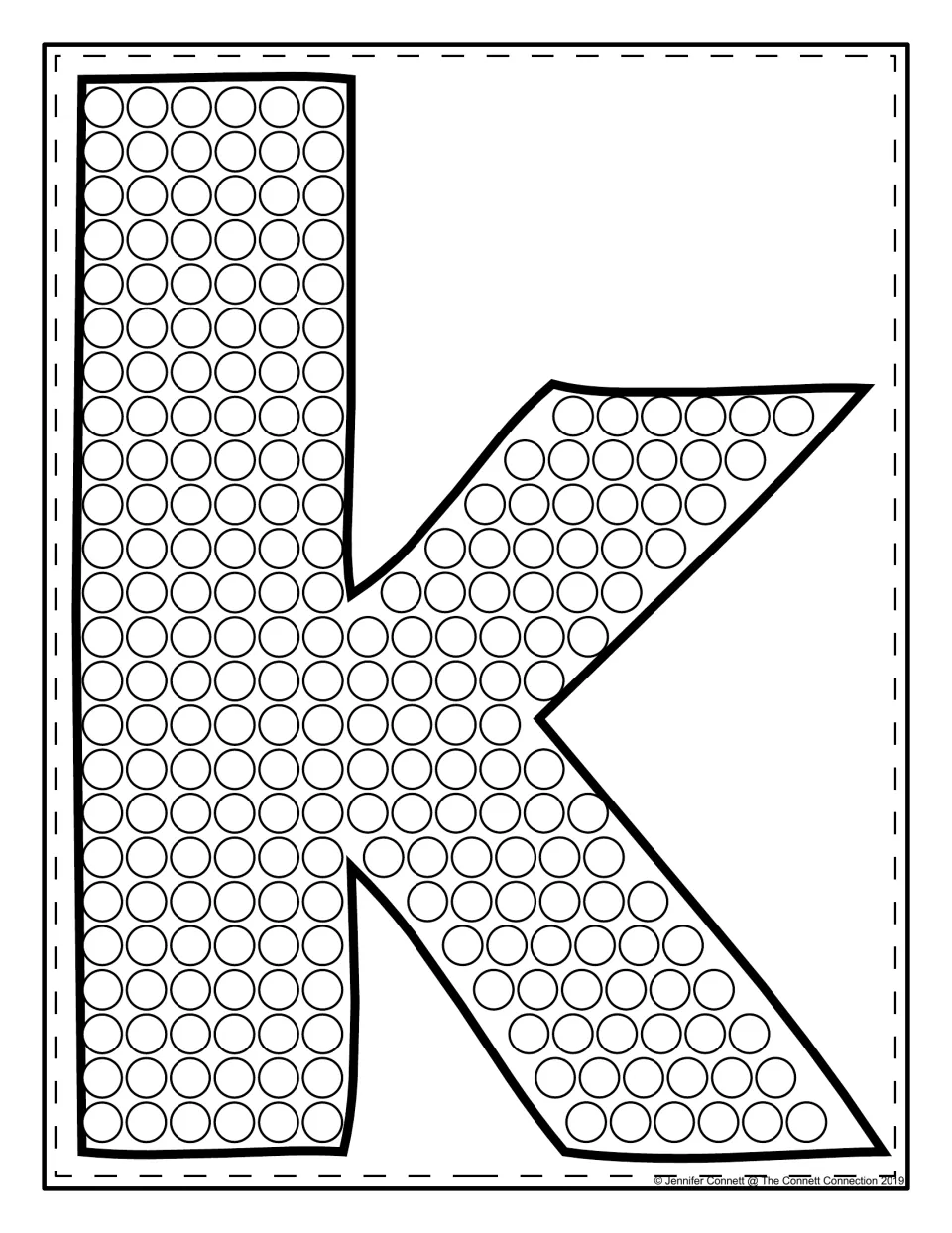 Lowercase k letter shape filled with circles that students dot one by one to practise recognising and forming small k