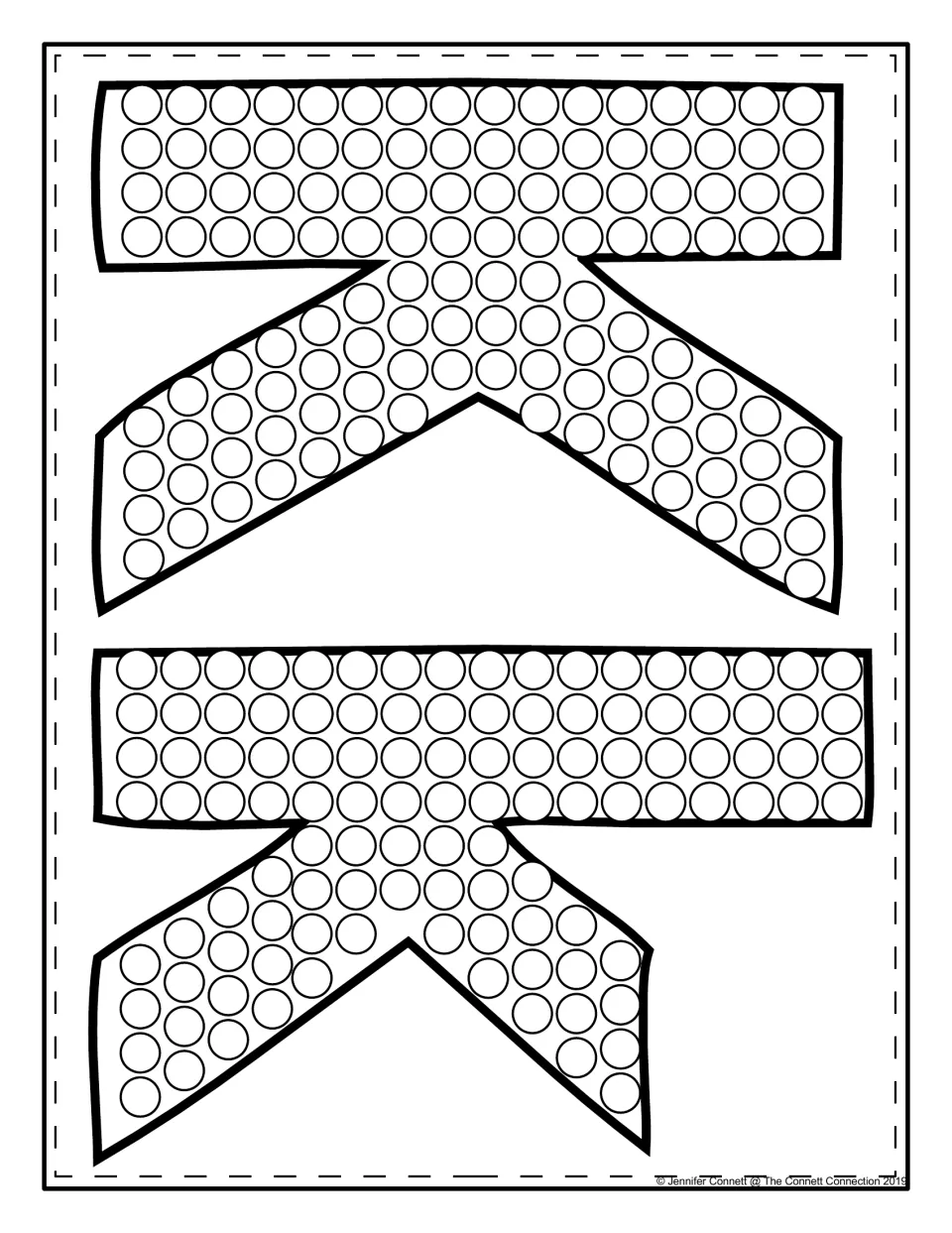 Two sideways capital K shapes, each filled with circles for students to dab with dot markers, for more letter K practice