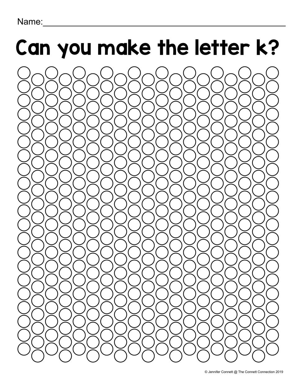 Can you make the letter k? Students pick circles to dab in a field of dots so the marks form a lowercase k