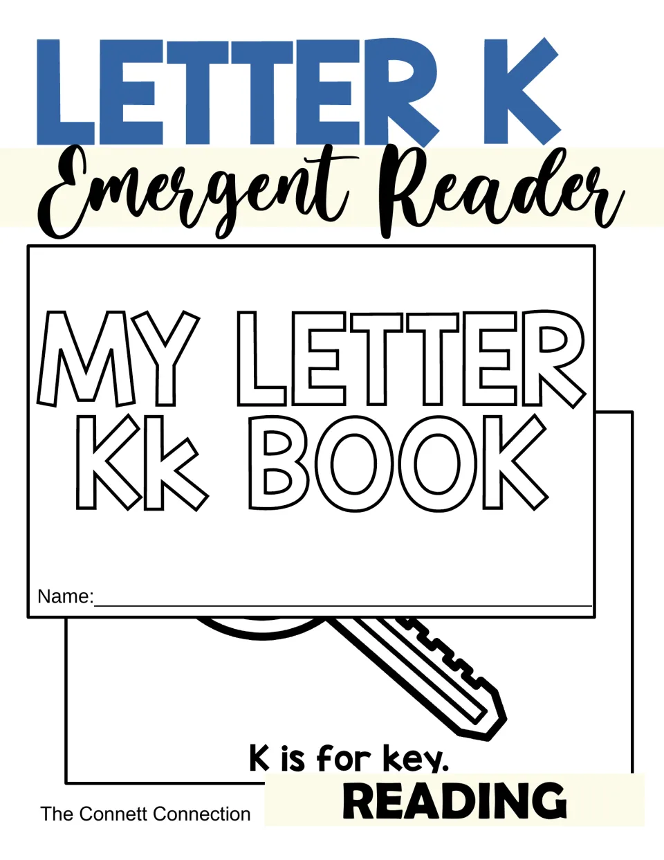 Letter K Emergent Reader cover showing the My Letter Kk Book title page with a name line and a key page: K is for key