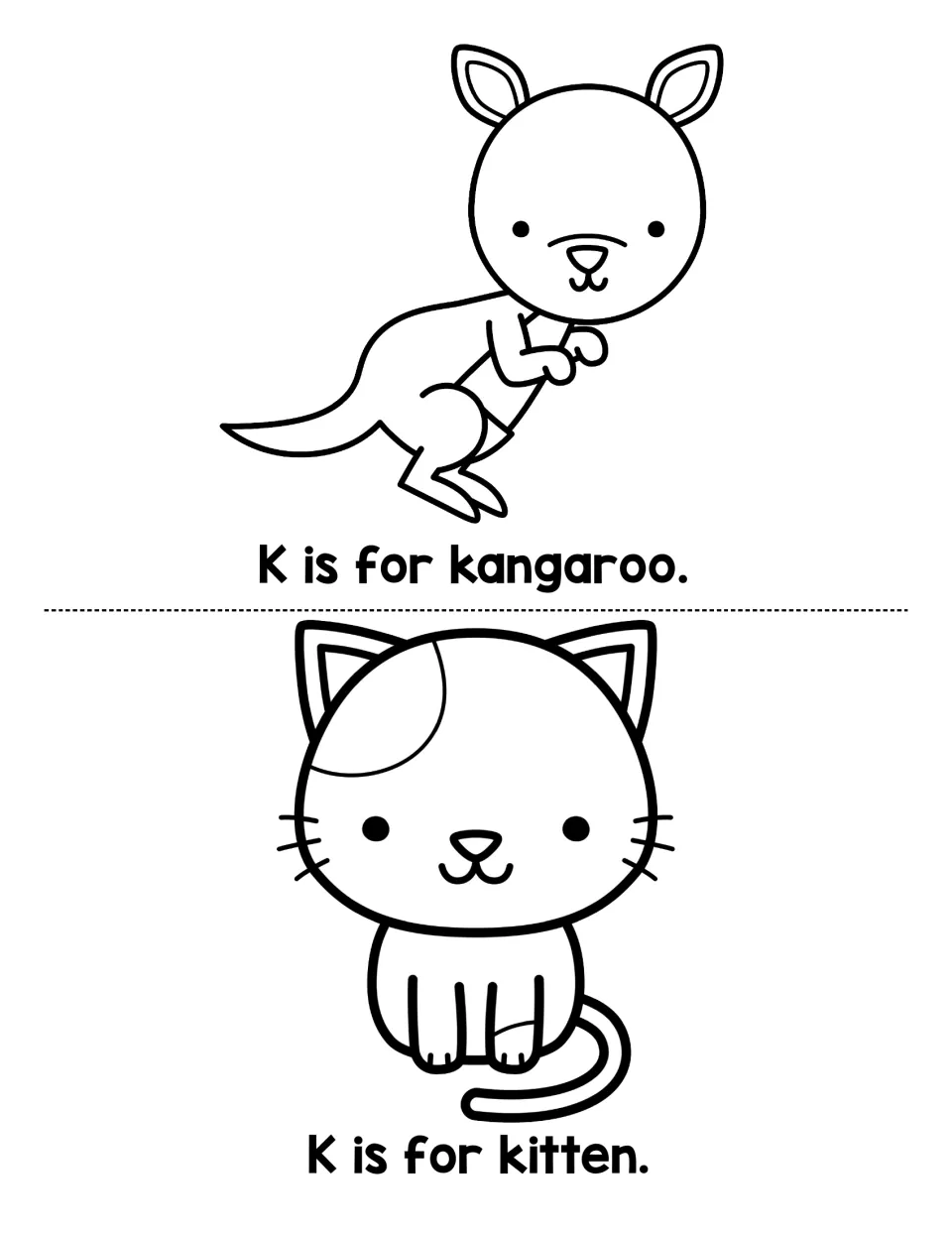 Letter K sound pages: students read K is for kangaroo and K is for kitten, then color each animal drawing