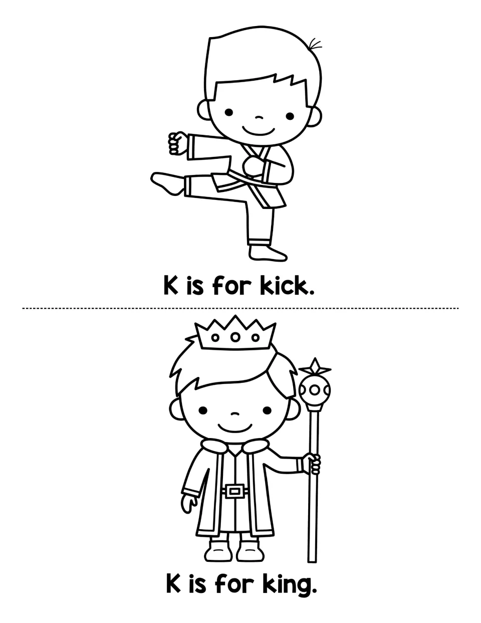 Initial K words: students read K is for kick beside a child doing a karate kick and K is for king with a crowned king