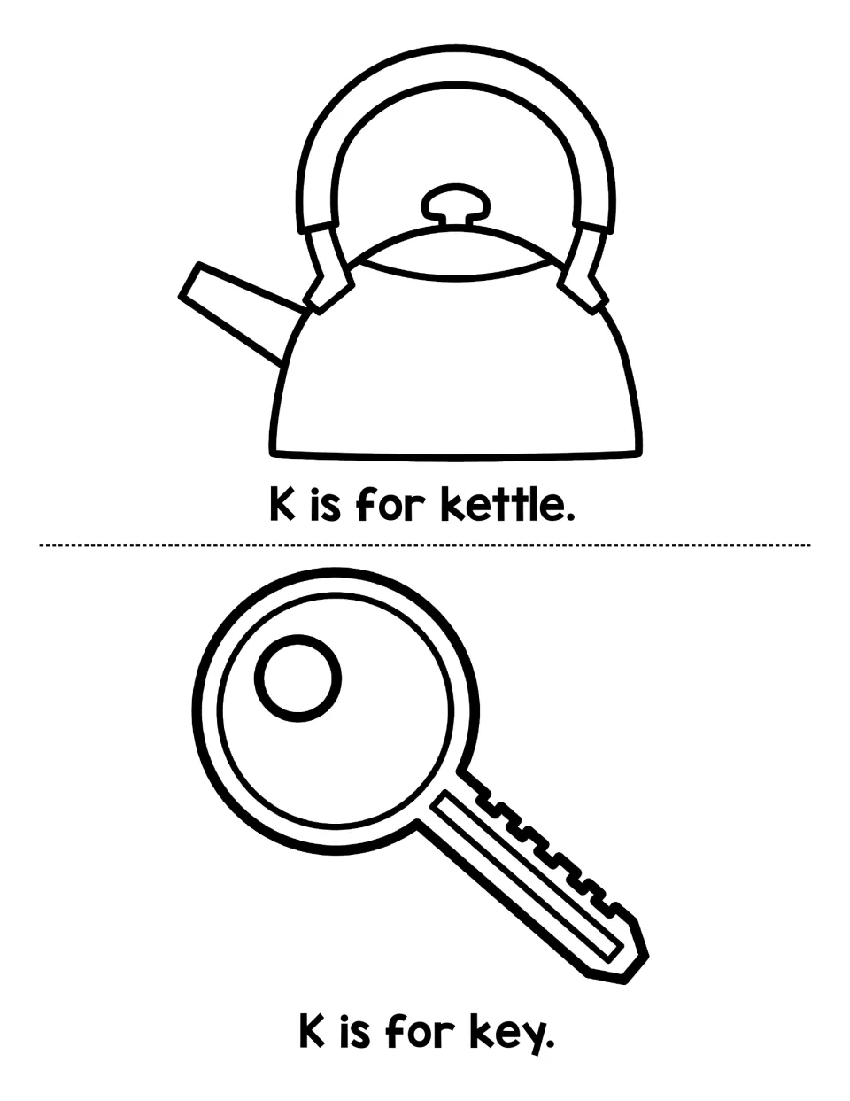 Beginning sound K practice: students read K is for kettle and K is for key and color the kettle and key line drawings