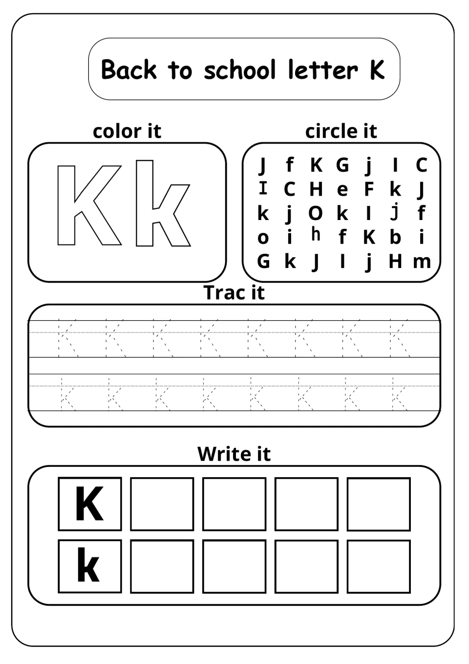 Back to school letter K: students color a bubble Kk, circle K and k in a letter mix, trace eight of each, then write both