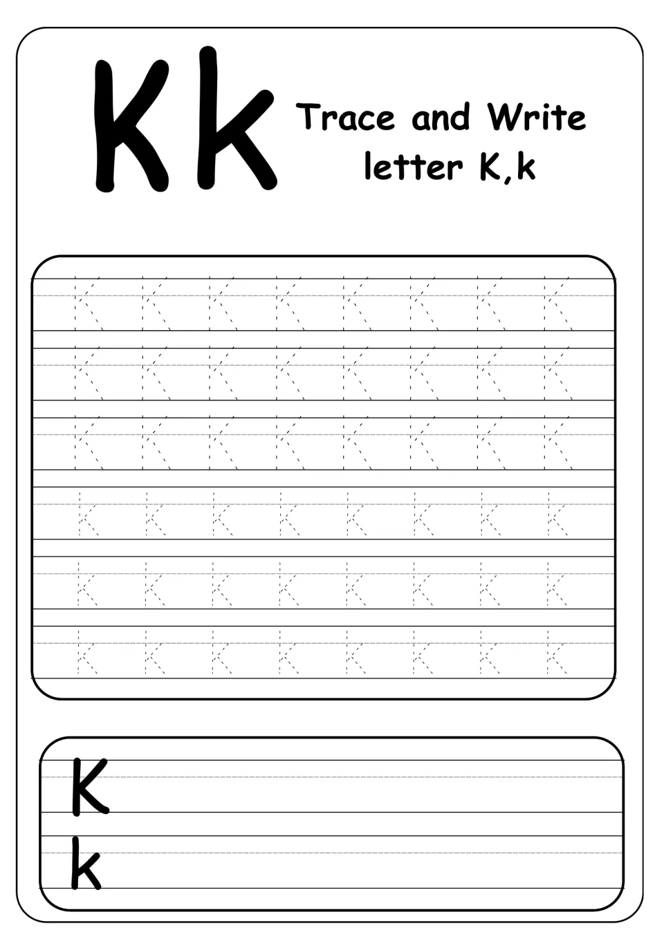 Trace and Write letter K,k: students trace three rows of dotted uppercase K and three of lowercase k, then write each