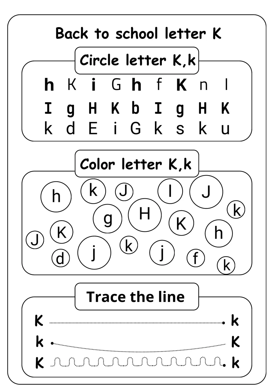 Letter K recognition: students circle K and k among mixed letters, color the K and k bubbles, then trace lines from K to k