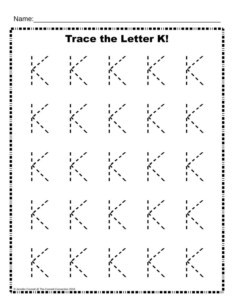Trace the Letter K: students trace 25 dotted uppercase K letters in five rows of five to practise letter formation