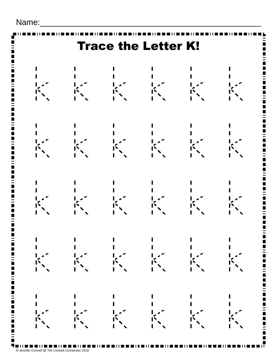 Lowercase k tracing: students trace 30 dotted lowercase k letters, six per row, practising the tall stroke and short kick