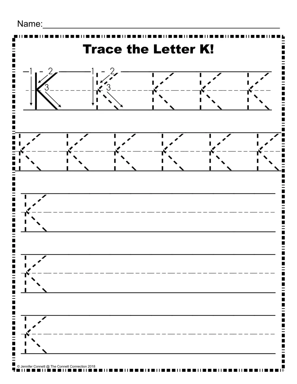 Capital K handwriting: numbered arrows show the 3 strokes, then students trace dotted K's and write their own on lines