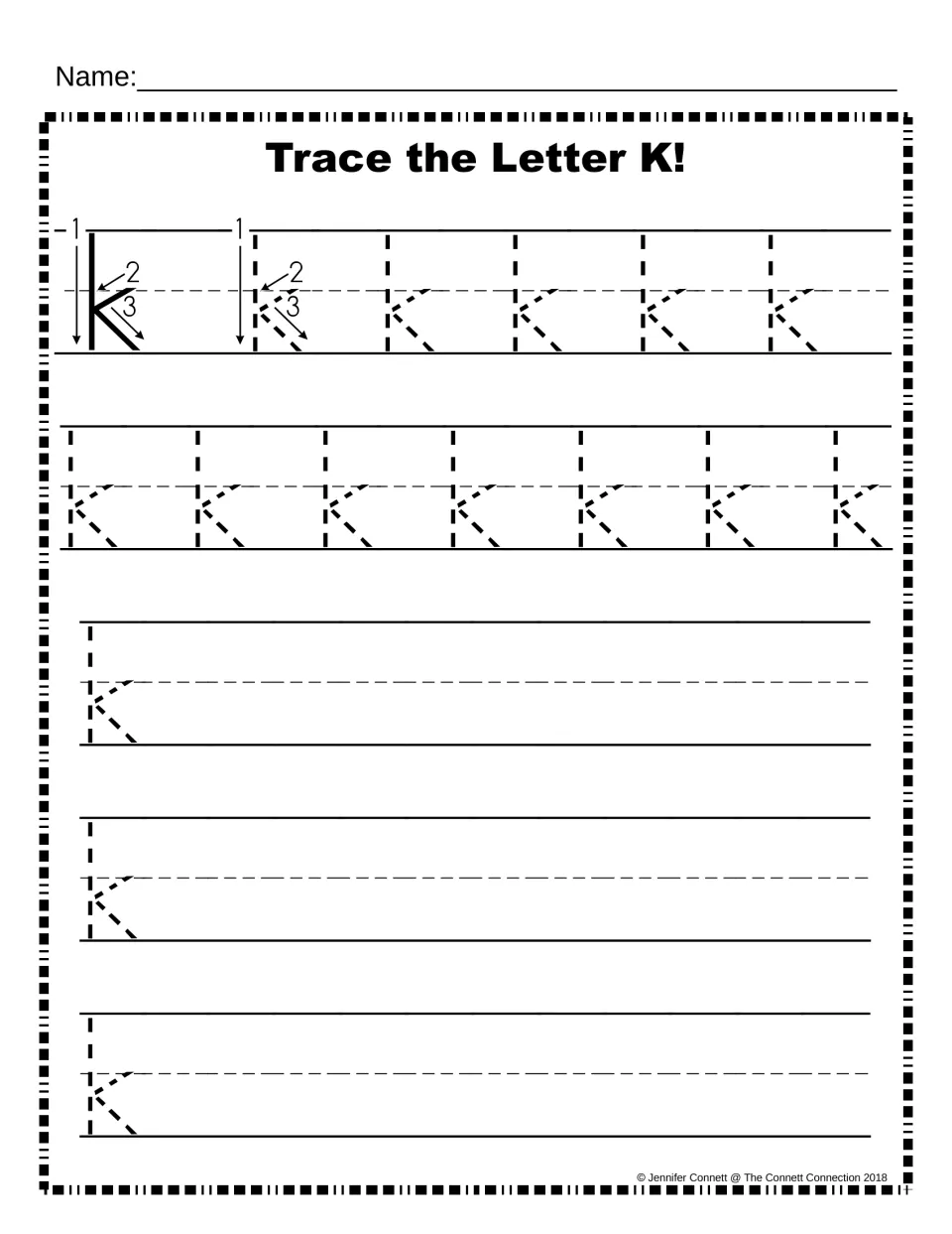Lowercase k handwriting: a 3-step stroke model with arrows, rows of dotted k to trace, then lines to write k independently