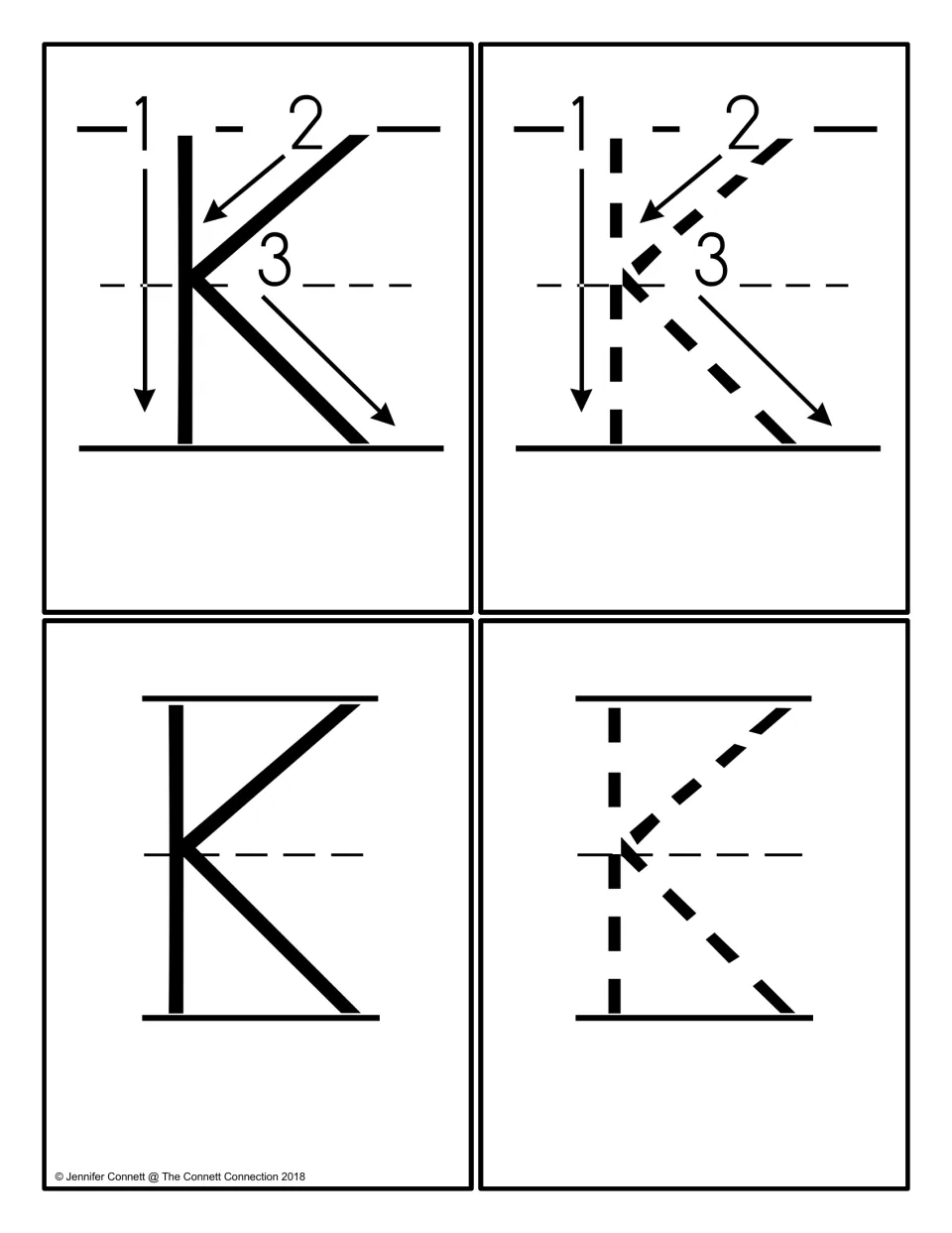 Uppercase K cards: stroke order shown with numbered arrows, a dotted K with arrows, a solid K and a dotted K to trace