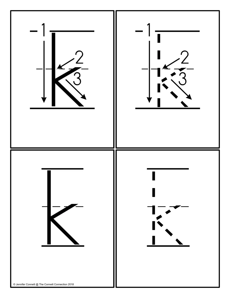 Lowercase k cards: numbered arrows model the strokes on solid and dotted k, plus a solid k and a dotted k for tracing
