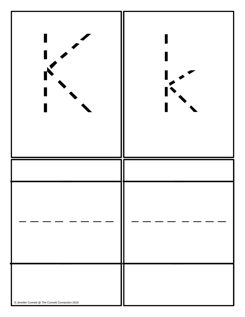 Tracing cards for a large dotted K and k, with two blank handwriting cards where students write the letters on their own