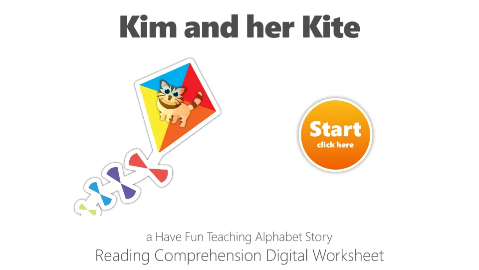 Cover of the letter K reading comprehension digital worksheet, titled 'Kim and her Kite,' with a Start button.