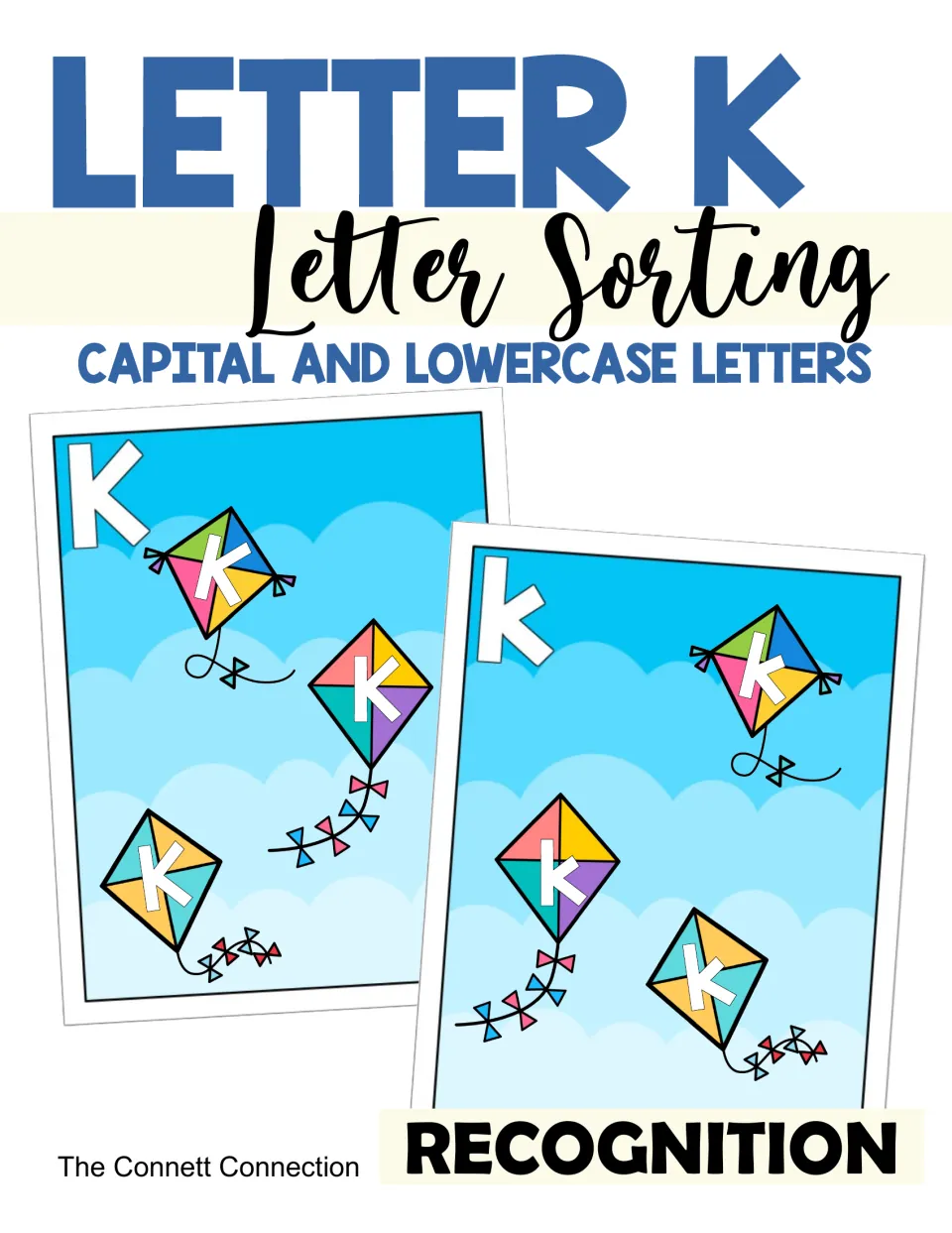 Cover for a capital and lowercase letter K recognition sort, showing kite cards placed on two cloudy sky sorting mats
