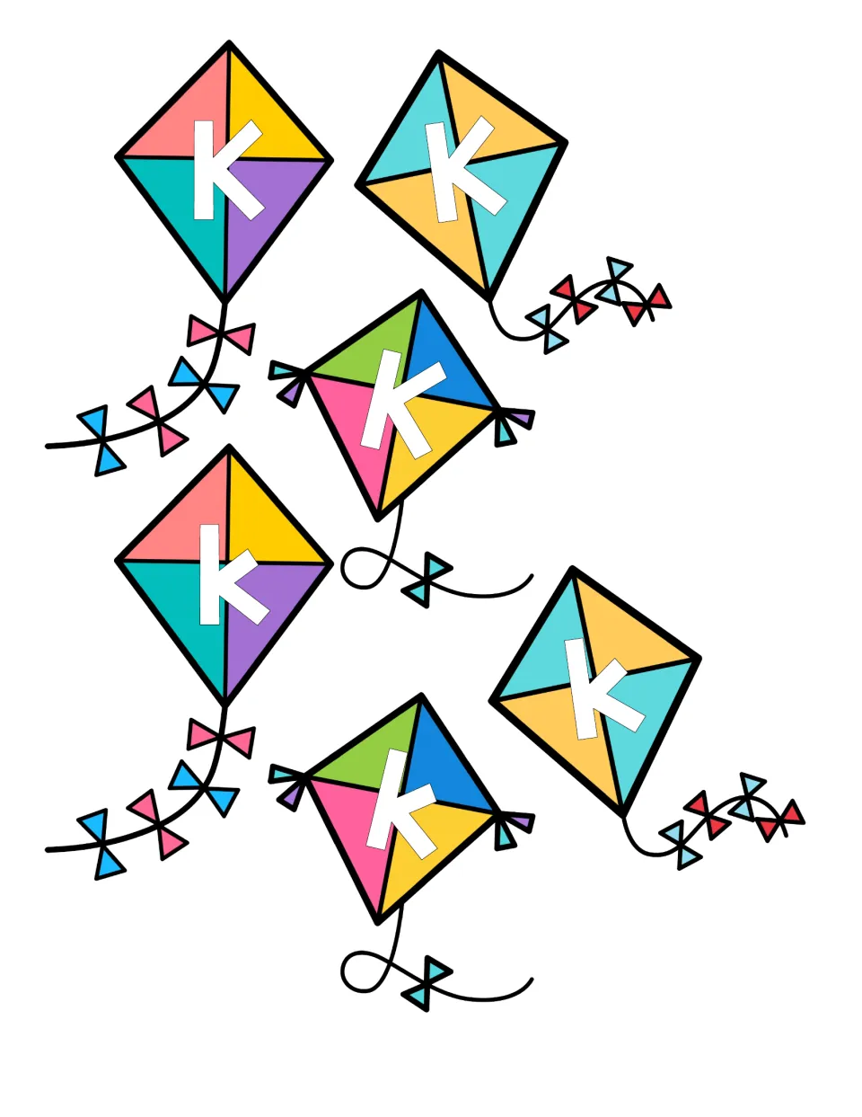Kite cut-out cards: six colorful kites, three marked with a capital K and three with a lowercase k, for students to sort