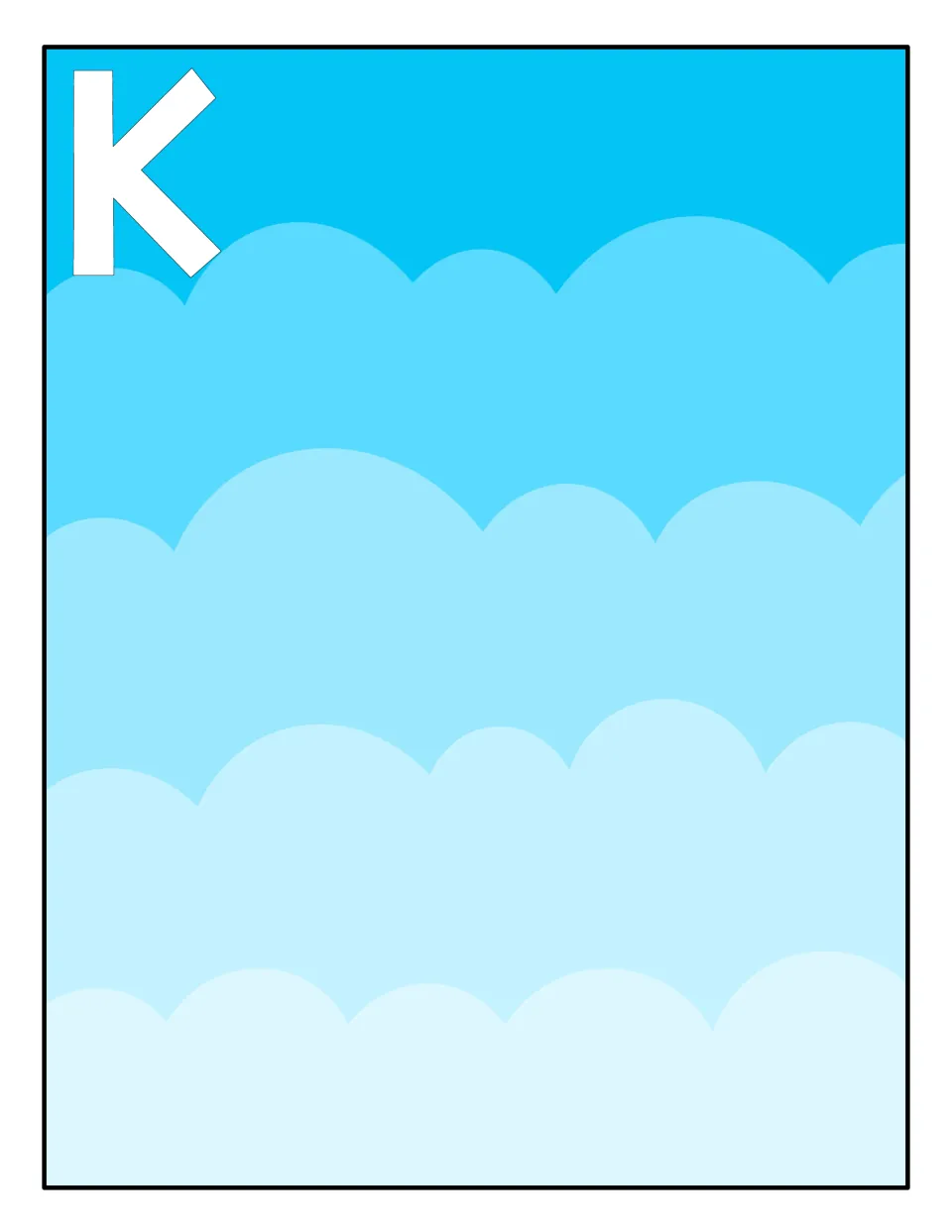 Capital K sorting mat: a sky and clouds scene where students place the kite cards that show an uppercase K