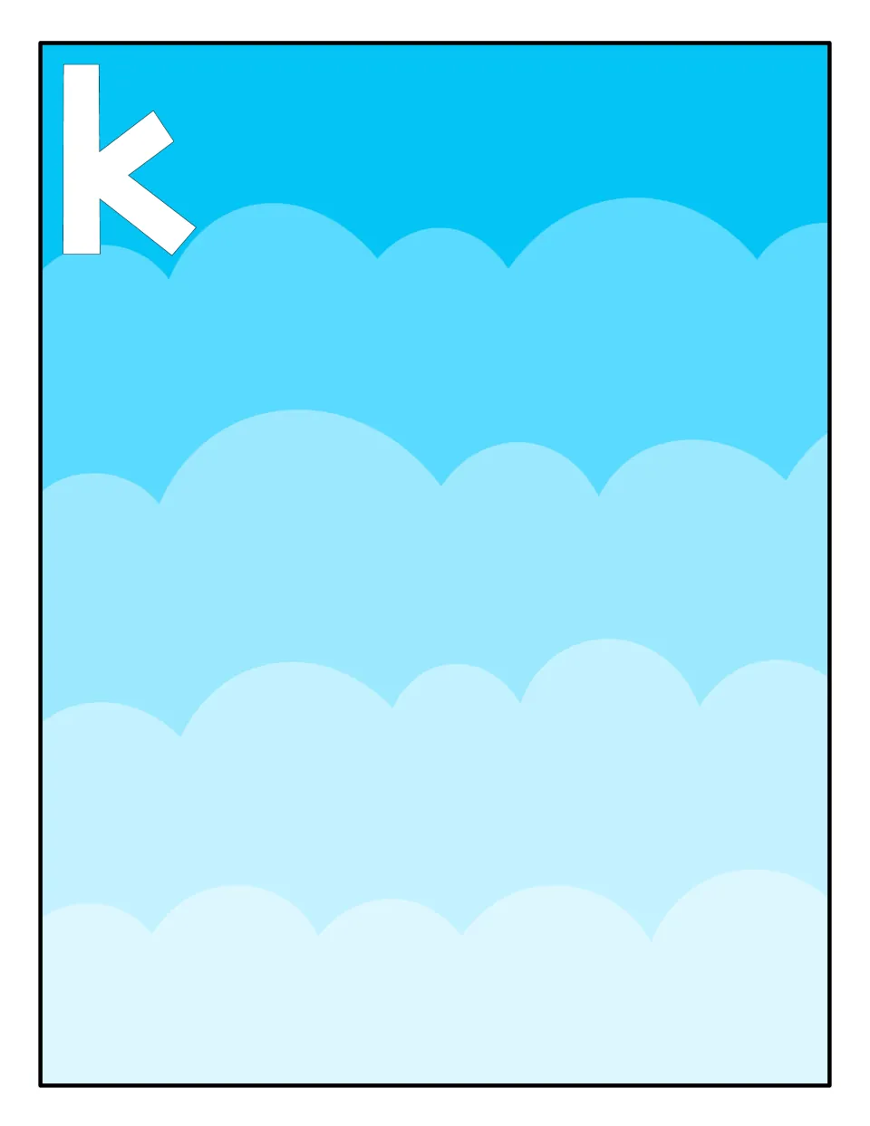 Lowercase k sorting mat: a cloudy sky scene where students place the kite cards showing the small letter k
