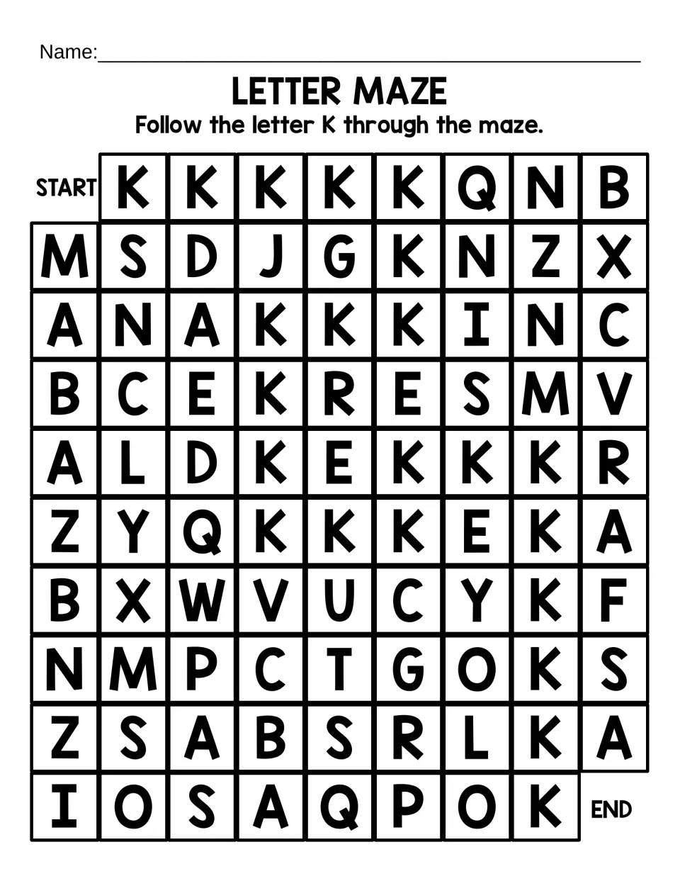 Uppercase K maze: students trace a winding path of capital K from START to END past distractors like Q, N, R and E