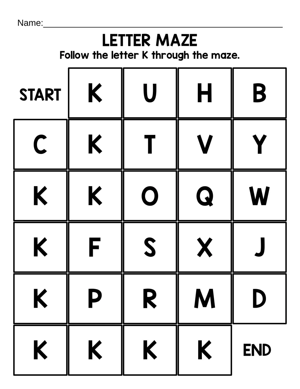 Big-letter capital K maze: students follow K down the left side and across the bottom, skipping letters like U, T and P