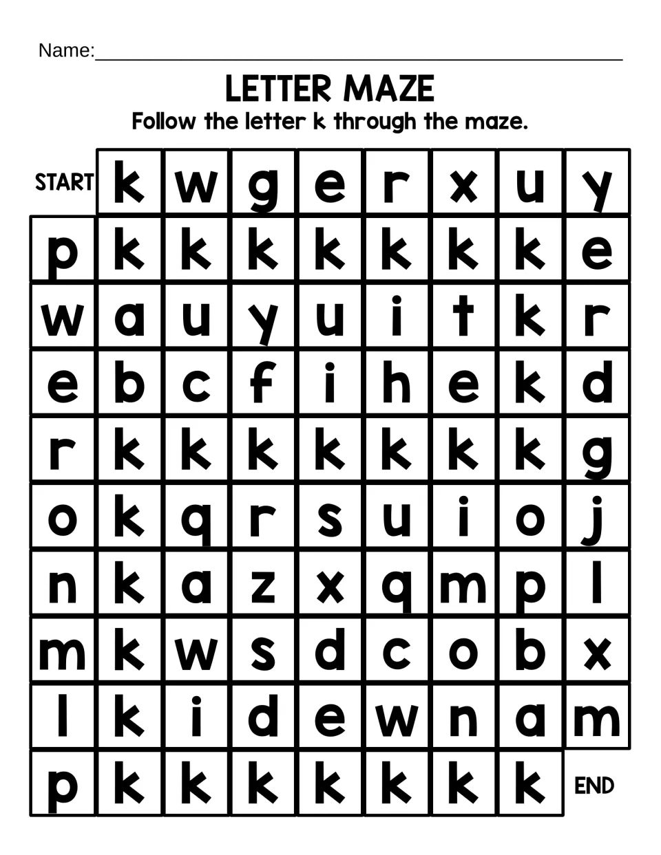 Lowercase k maze: students follow a zigzag trail of k from START to END while passing similar letters such as h, b and d