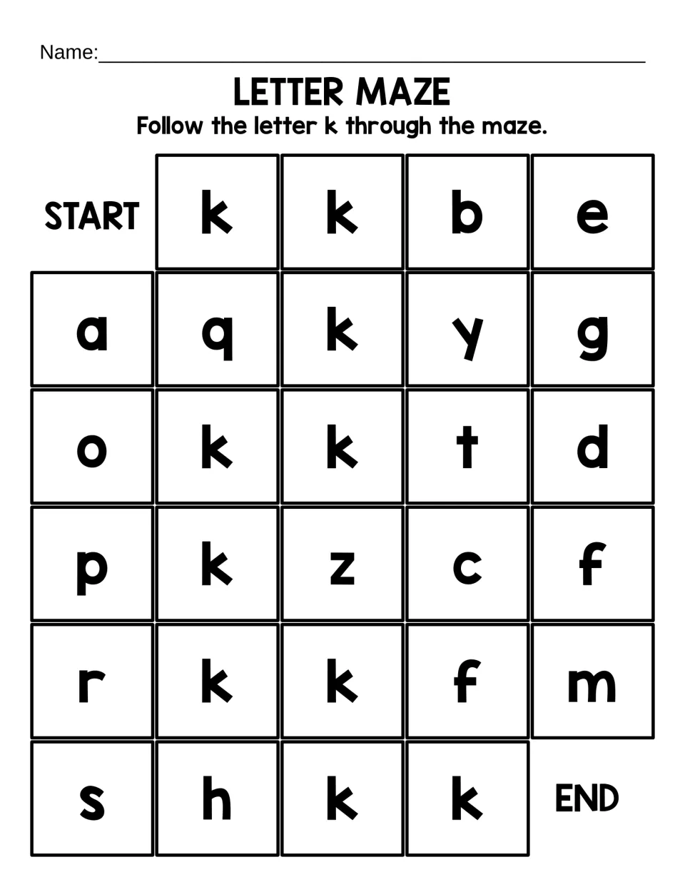 Large-print lowercase k maze: students trace k from START to END, ignoring letters such as b, q, y, t and h