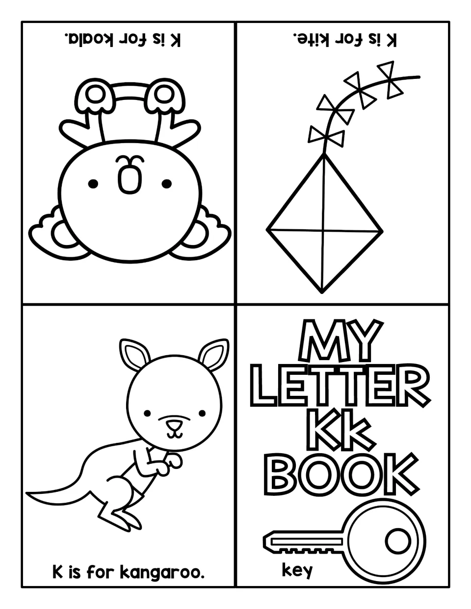 Letter Kk mini book to color and fold: My Letter Kk Book cover with a key, then K is for kangaroo, kite and koala