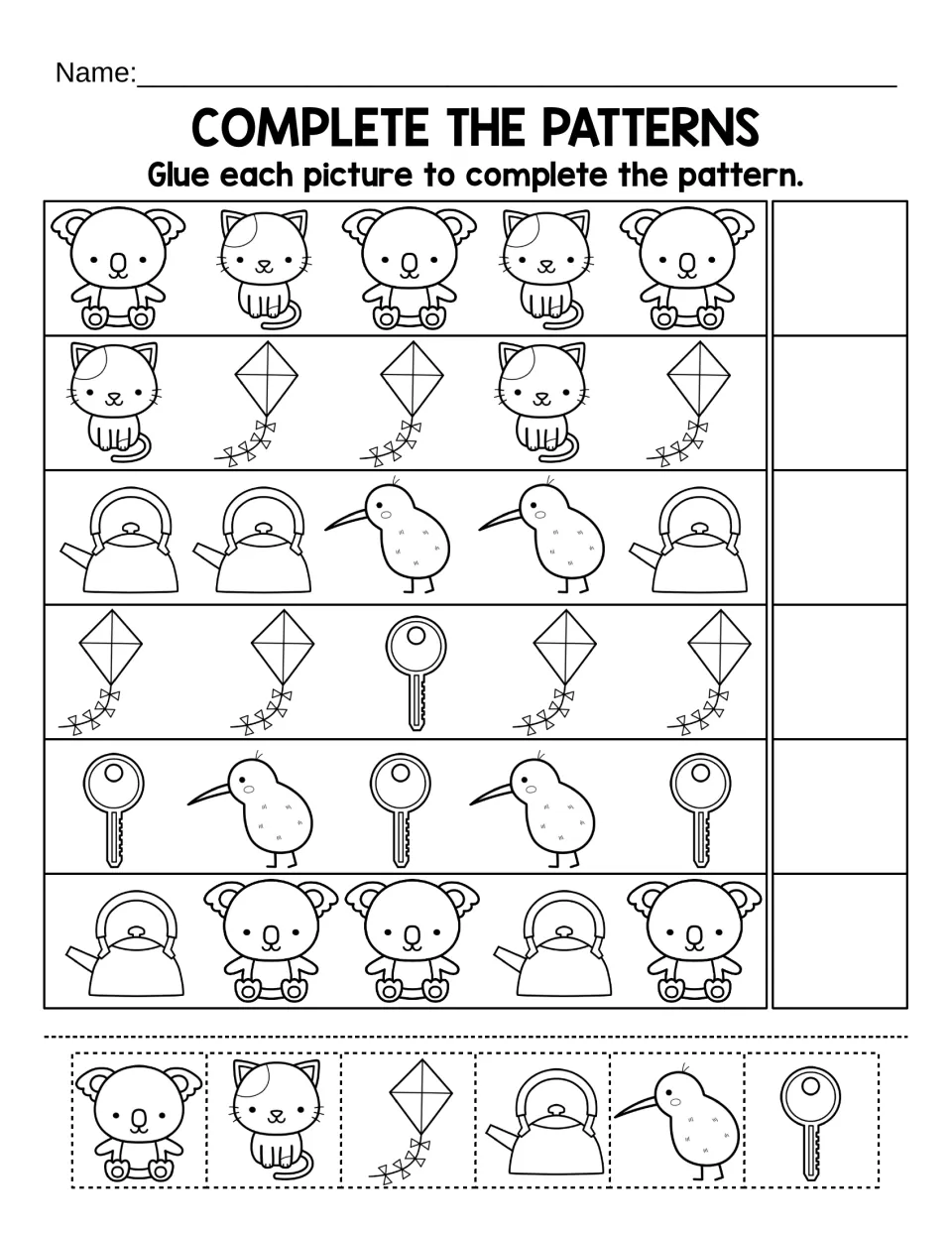 Complete the patterns: students glue koala, kitten, kite, kettle, kiwi or key pictures to finish each of the 6 rows