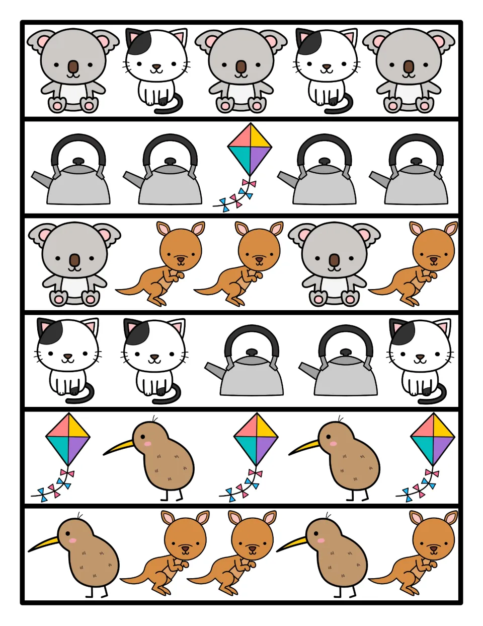 Color picture pattern strips: six rows of koalas, kittens, kettles, kites, kangaroos and kiwis repeating in sequence