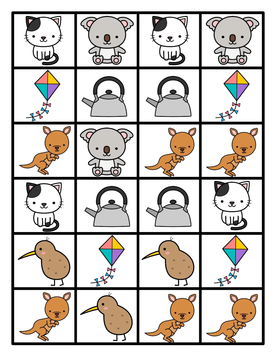 Cut-out picture cards: 24 kitten, koala, kite, kettle, kangaroo and kiwi cards for building and extending patterns