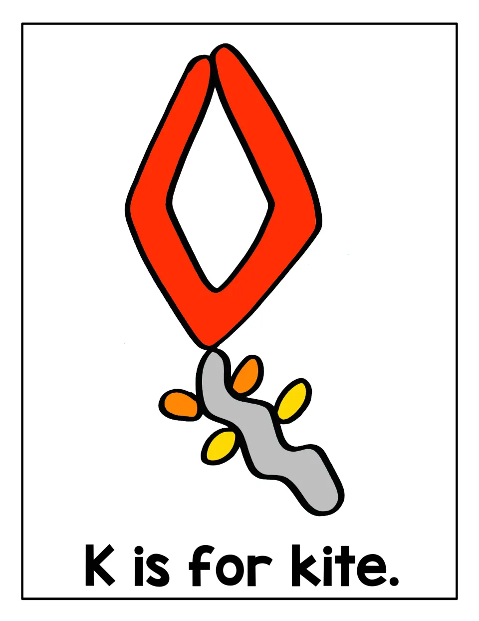 K is for kite mat: students shape playdough over the red diamond kite with its gray tail and orange and yellow bows