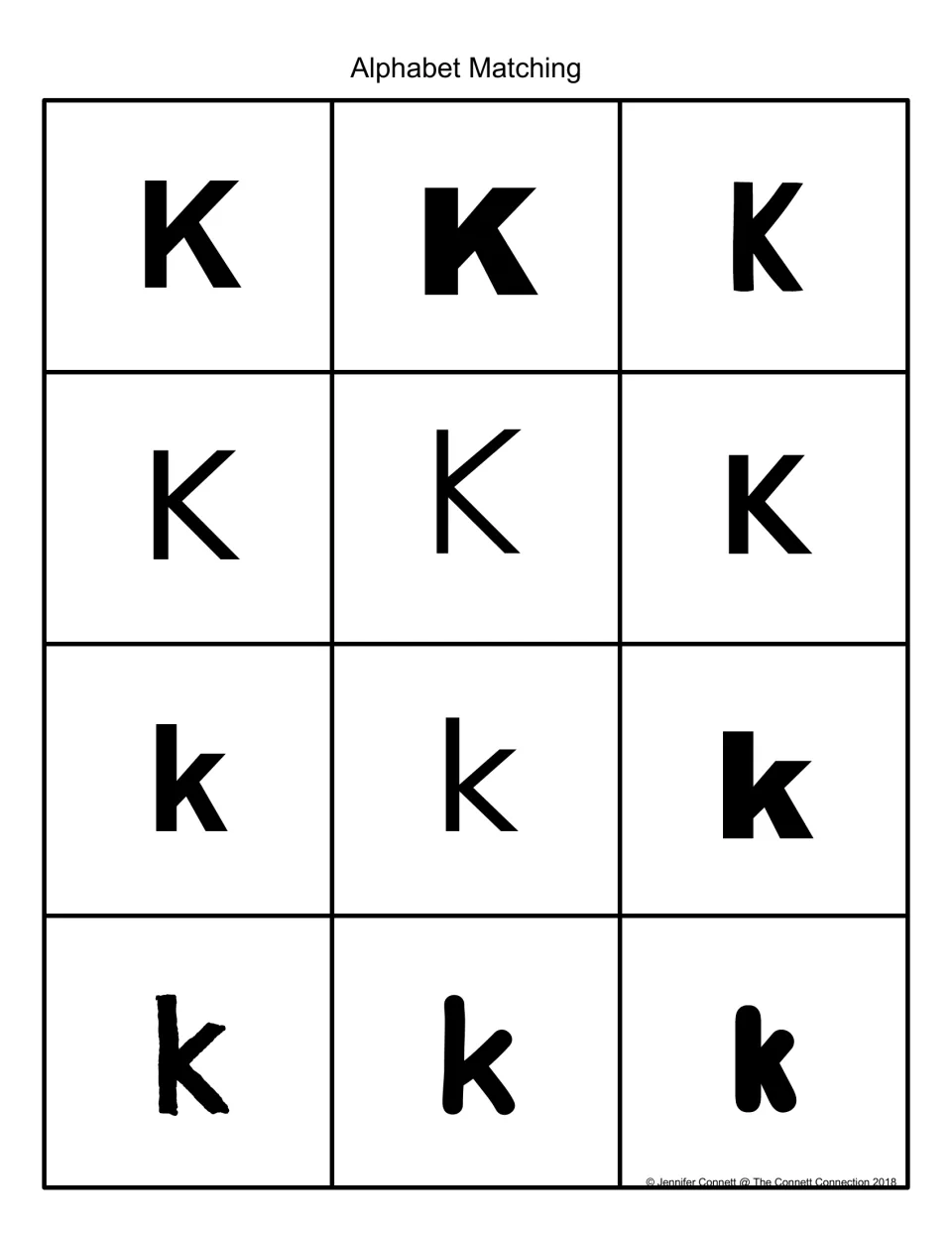 Alphabet Matching: 12 black uppercase K and lowercase k cards in varied fonts for matching capital and lowercase forms