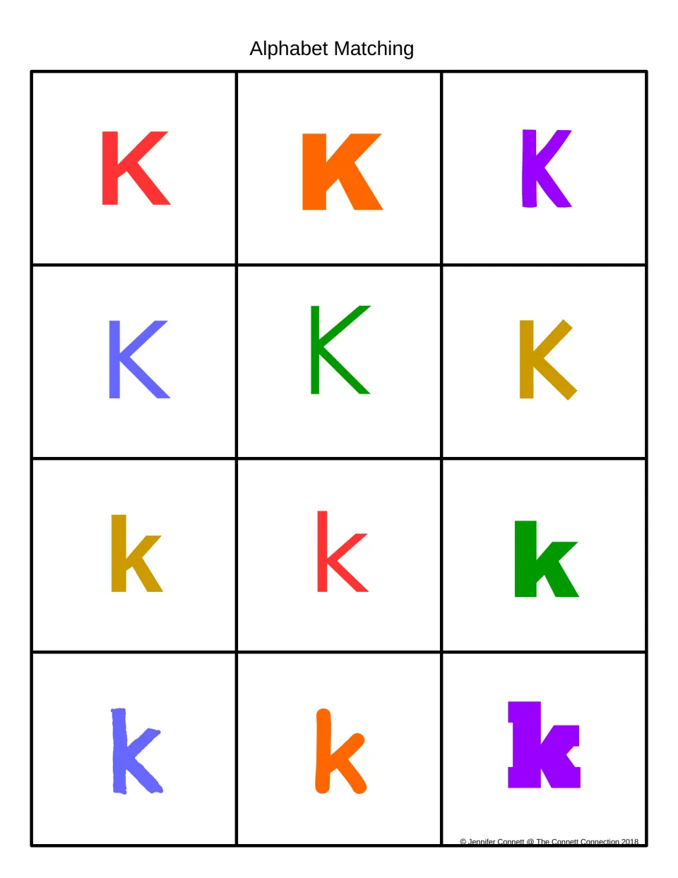 Alphabet Matching: 12 rainbow-colored K and k cards in varied fonts for matching uppercase to lowercase