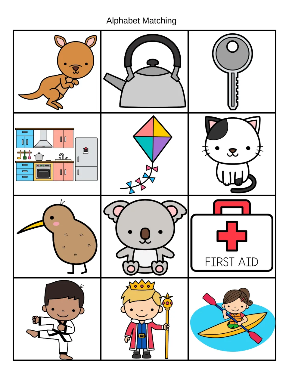 /k/ picture cards for Alphabet Matching: kangaroo, kettle, key, kite, kitten, kiwi, koala, king, kayak and more