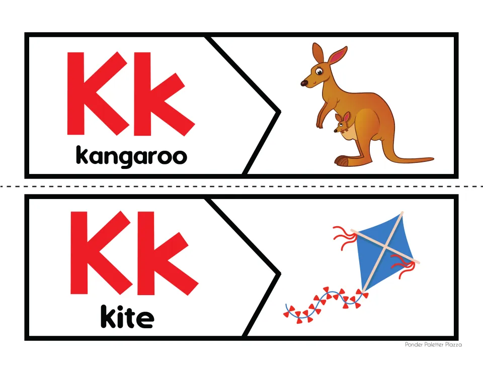 Letter K beginning sound puzzles: students cut and match Kk letter pieces to kangaroo and kite pictures