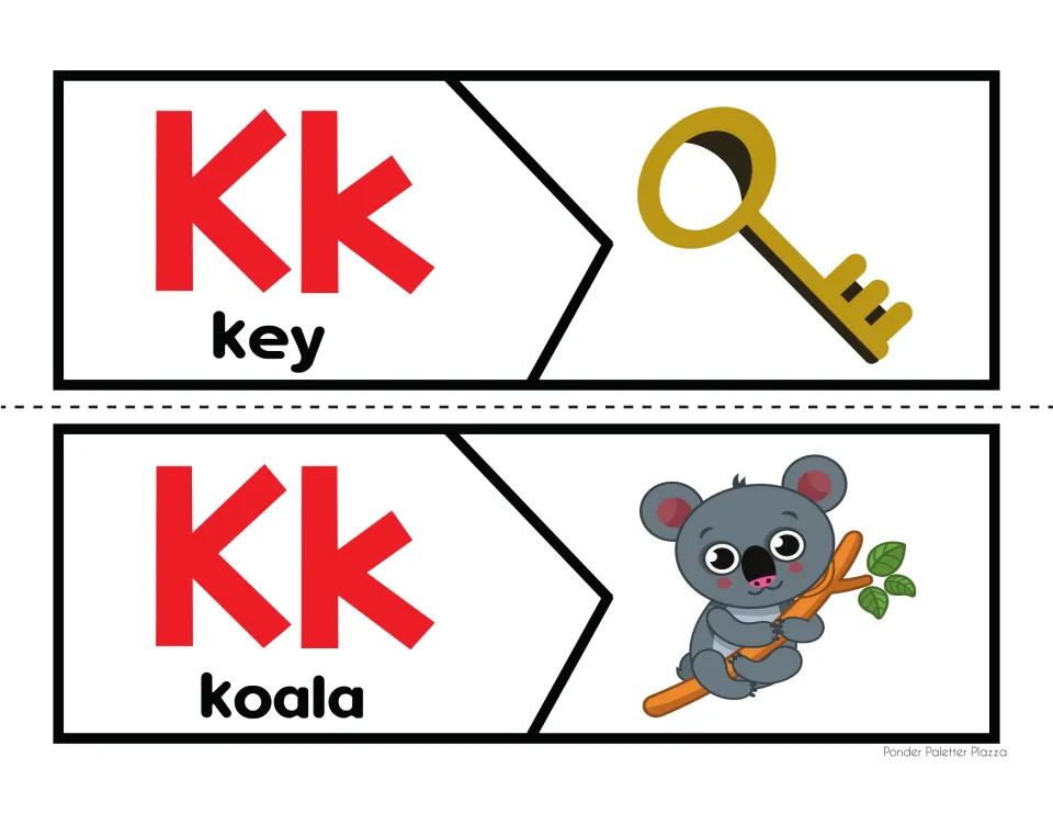 K sound puzzles for key and koala: students cut apart each two-piece puzzle and join the Kk word half to its picture