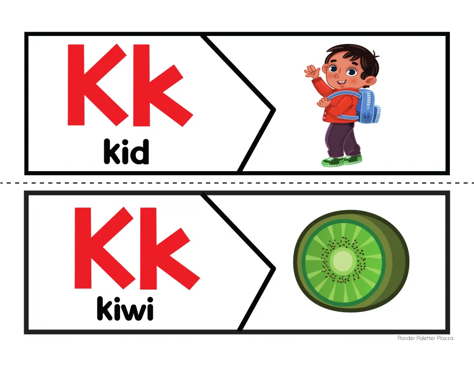 Kk puzzles for kid and kiwi: students cut out both puzzles and fit each letter-and-word half to its matching picture