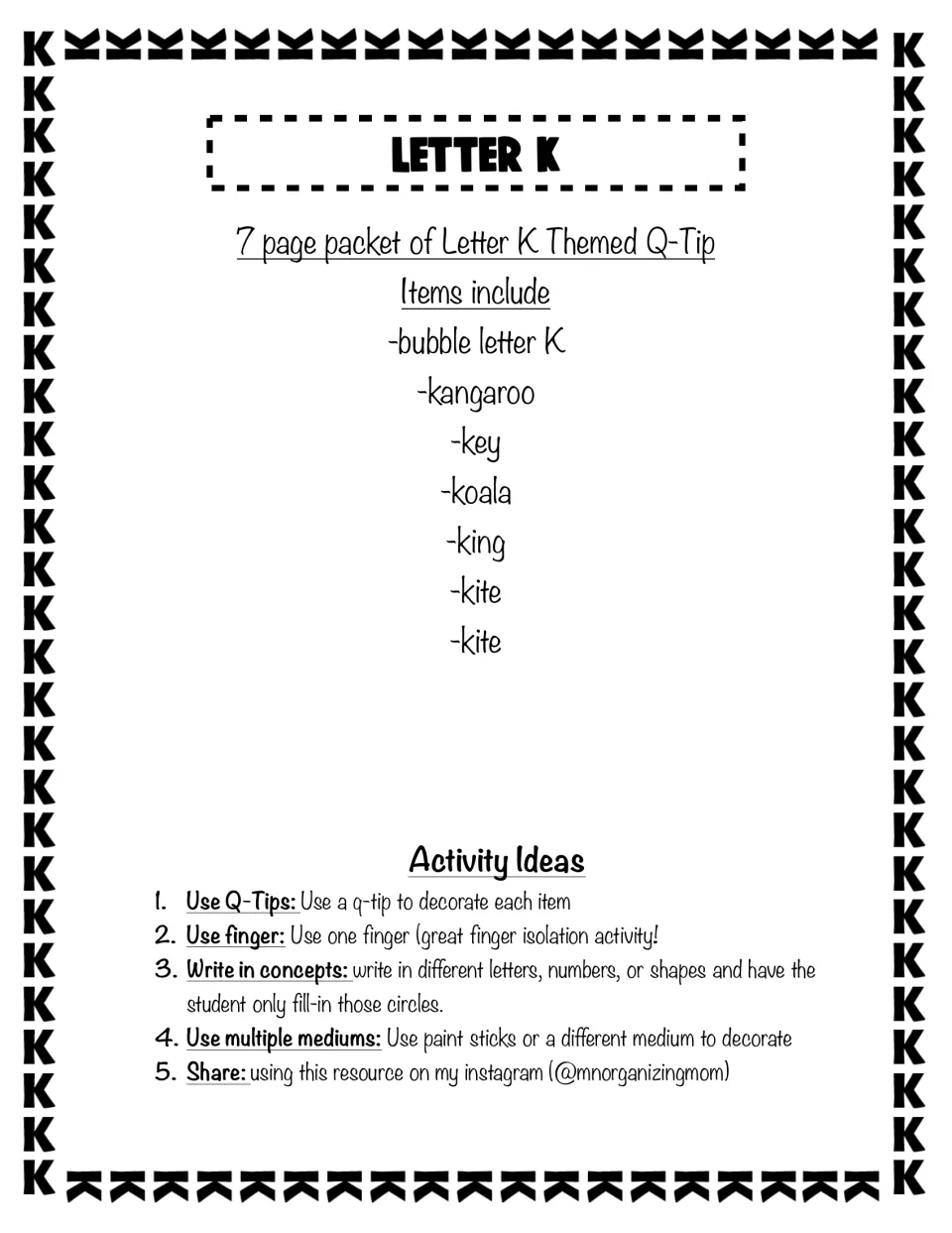 Letter K packet overview: lists bubble letter K, kangaroo, key, koala, king and kite pages plus five activity ideas