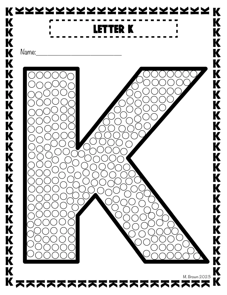Bubble letter K filled with small circles: students dot each circle with a Q-tip to fill in the whole capital letter