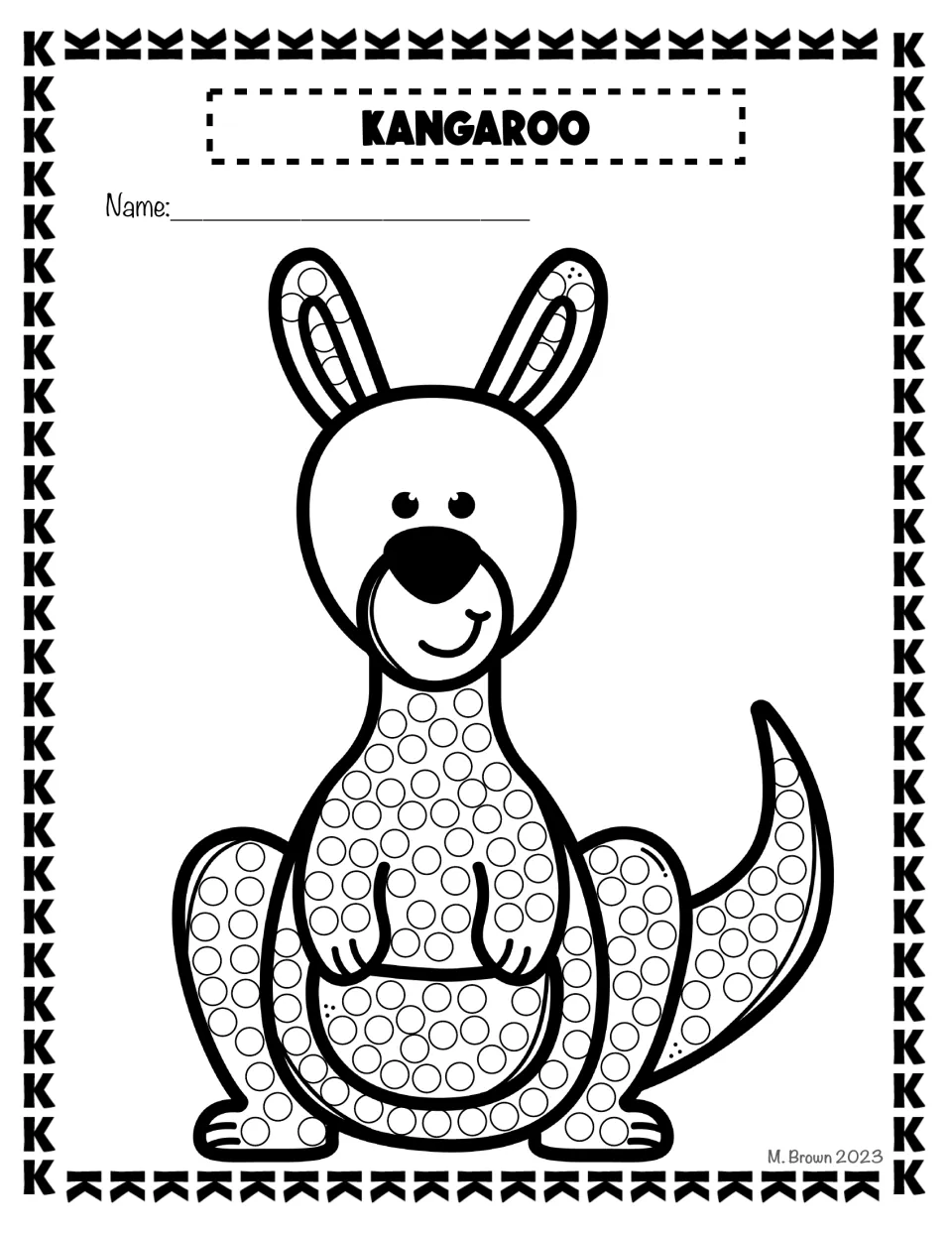 Kangaroo dot page for letter K: students press a Q-tip into the circles on the kangaroo's ears, body, legs and tail