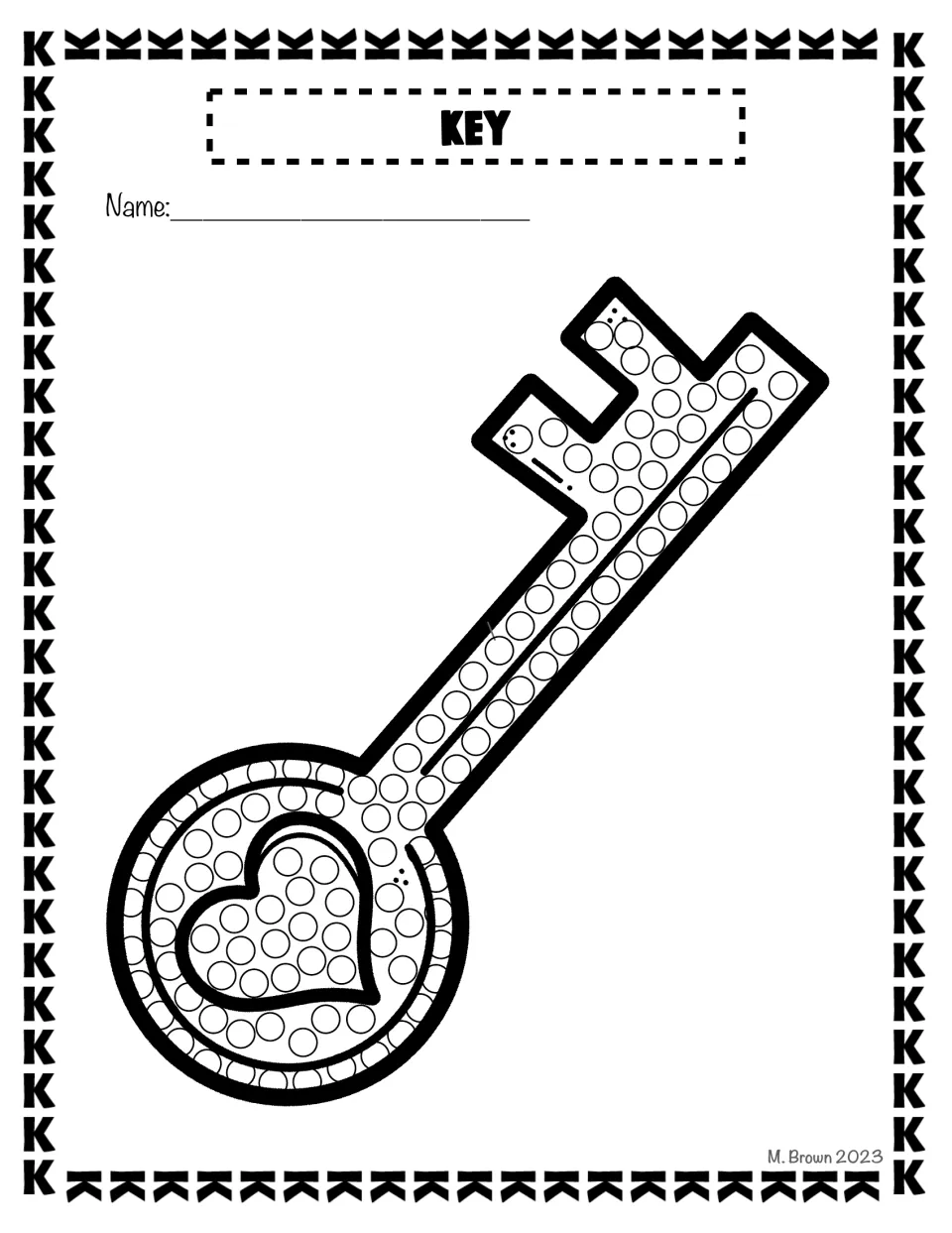 Key dot page for letter K: students dot each circle on an old-fashioned key with a heart-shaped handle using a Q-tip