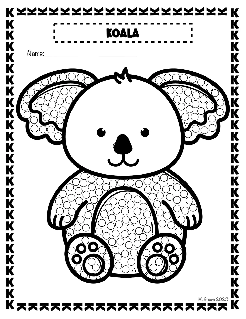 Koala dot page for letter K: students fill the circles on a sitting koala's ears, body and paws using a Q-tip or finger