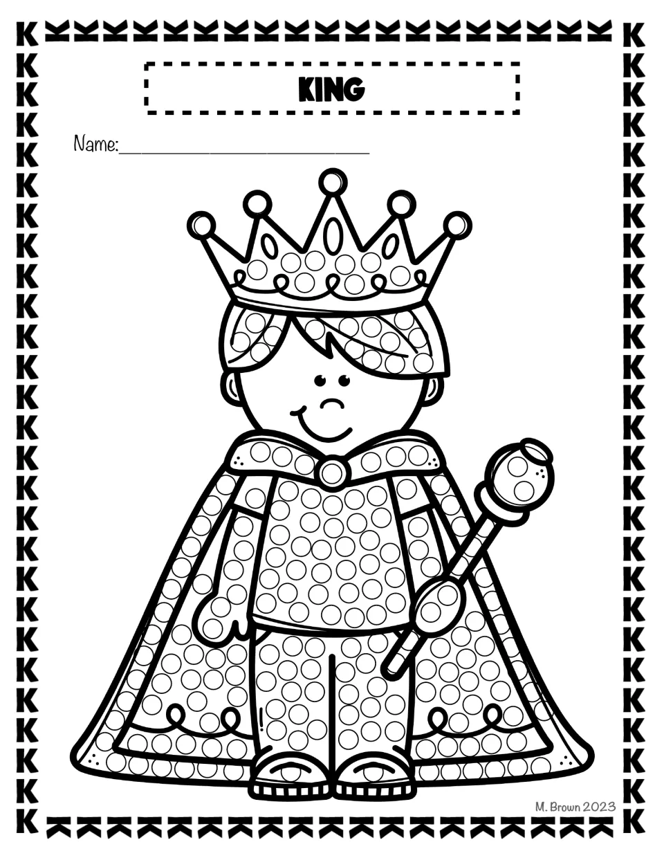 King dot page for letter K: students dot the circles on a king's crown, hair, shirt, cape and scepter with a Q-tip
