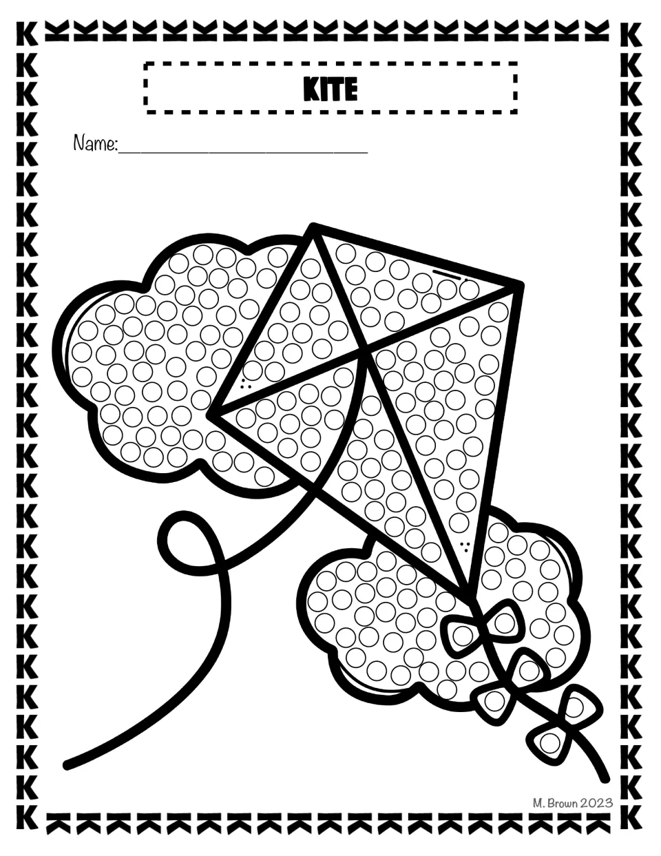 Kite dot page for letter K: students dab a Q-tip into the circles on a diamond kite, its bows and two clouds behind it
