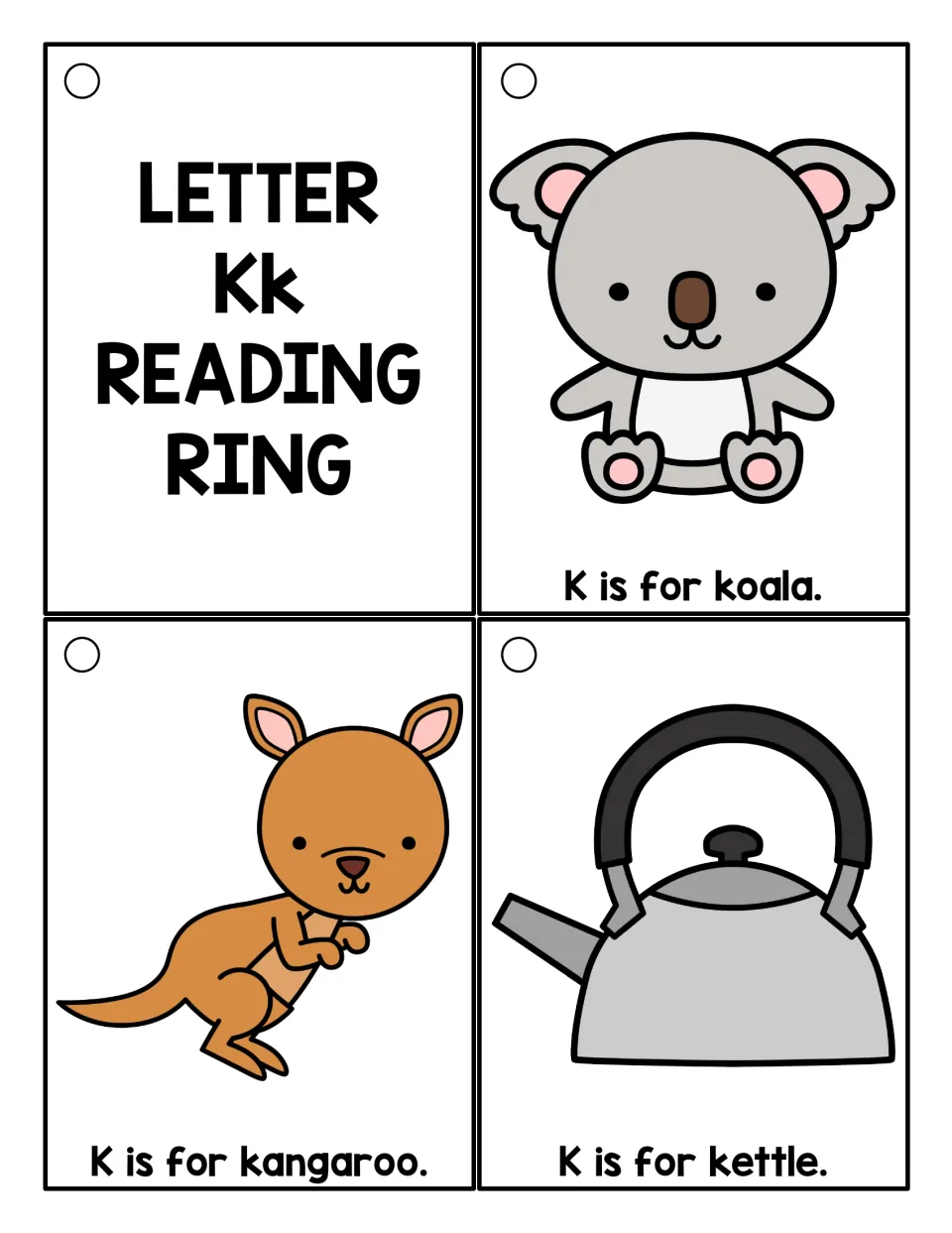 Kk title card plus color picture cards for beginning sound K: K is for koala, K is for kangaroo and K is for kettle