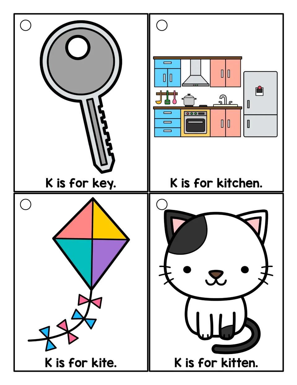Color K word cards: students read K is for key, K is for kitchen, K is for kite and K is for kitten under each picture