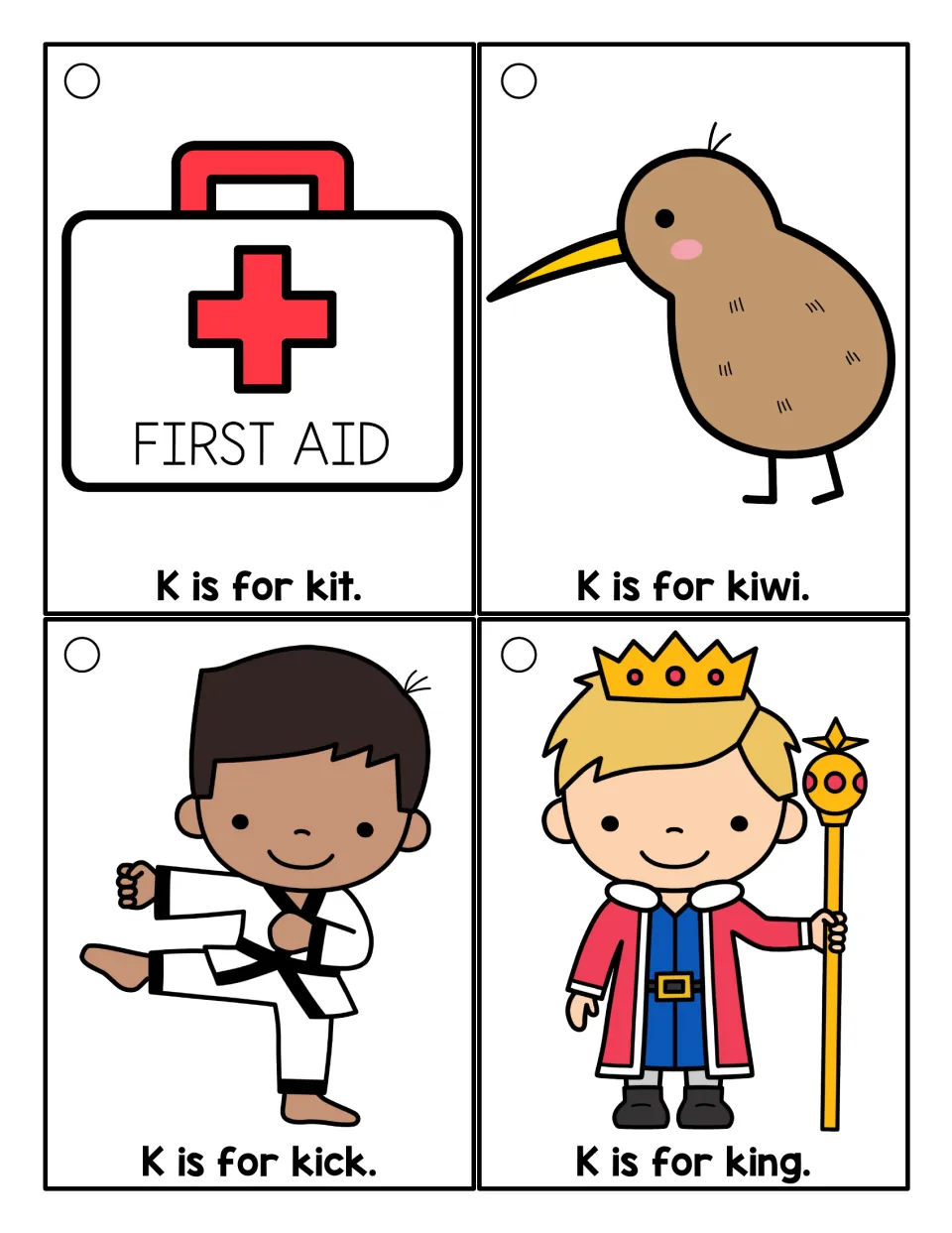 Color K word cards: students read K is for kit (first aid kit), kiwi bird, kick (karate kick) and king with a crown