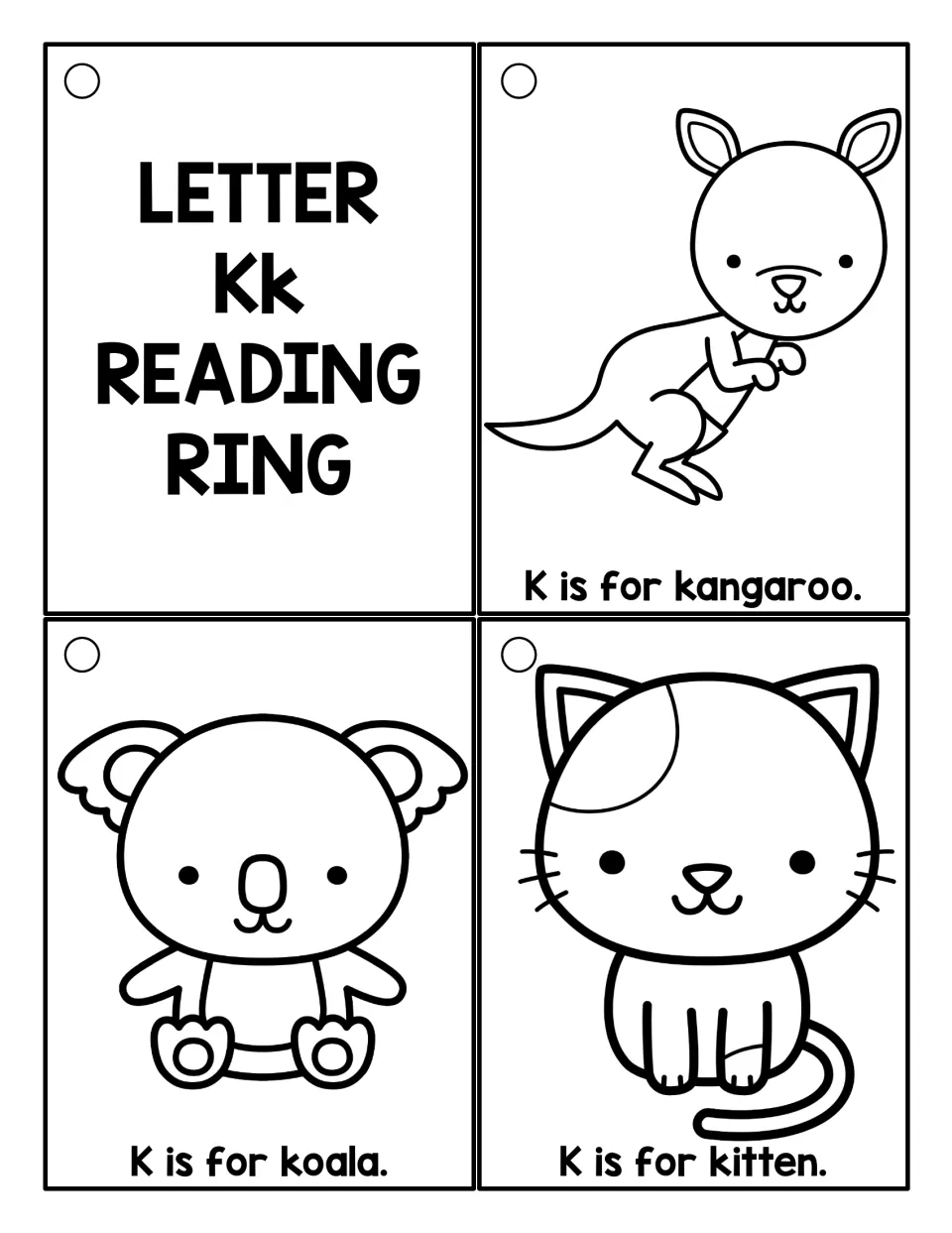 Black-and-white Kk title card with outline cards for kangaroo, koala and kitten, each with a K is for sentence to read