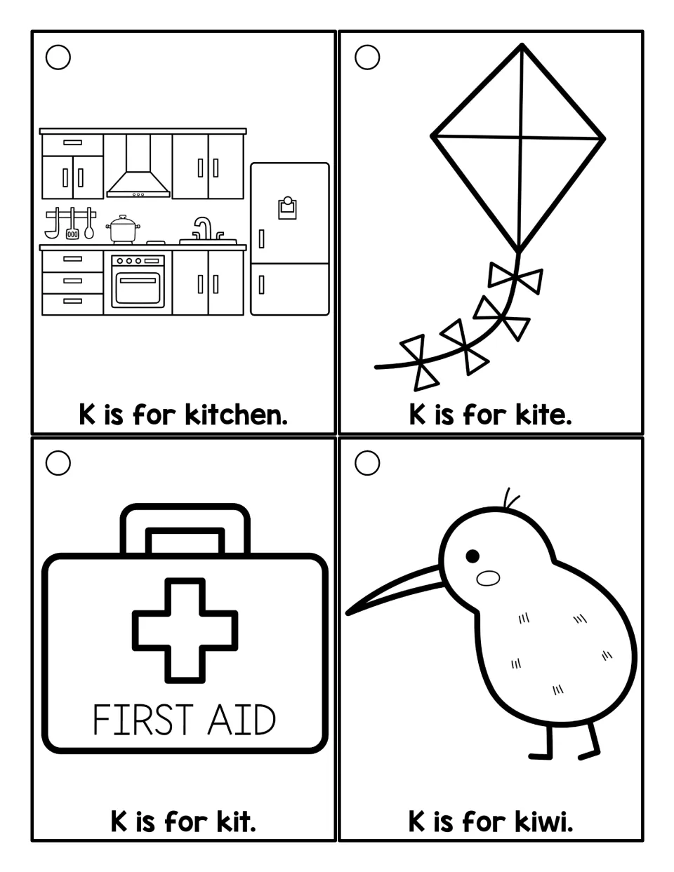 Coloring cards for initial K: kitchen, kite, first aid kit and kiwi, each labeled with a K is for sentence to read aloud