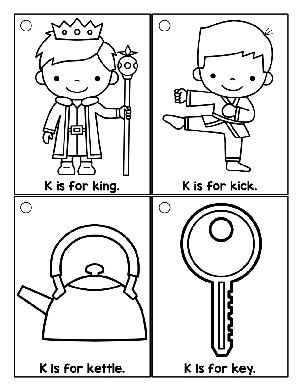 Outline K cards to color and read: K is for king, K is for kick, K is for kettle and K is for key, each with a punch hole